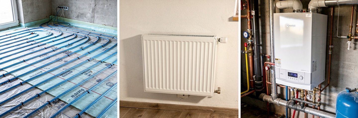 Topenářské práce VaKi42 – podlahové topení, radiátor s termostatickou hlavicí, instalace plynového kotle